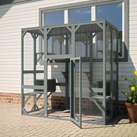 Outdoor Cat House Wooden Catio Enclosure w/Cover- Large Cat Cage with Jump Platforms and Condos, Weatherproof, Grey, 71(L)*37(W)*71(H) (Color: as Pic)